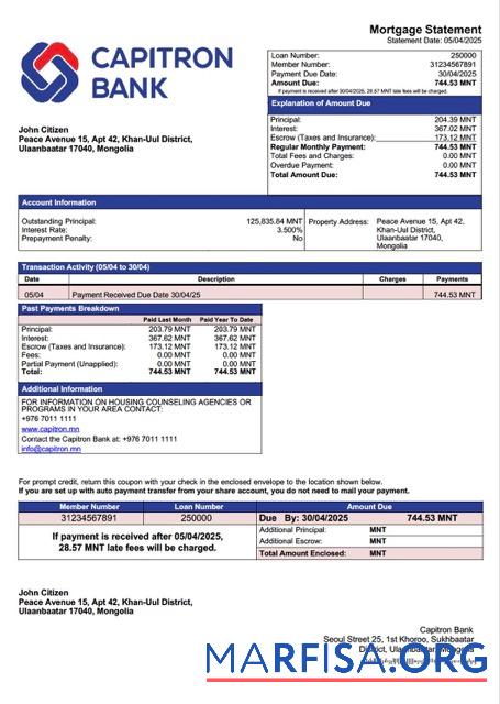 Printable Mongolia Capitron Bank mortgage statement Word and PDF template
